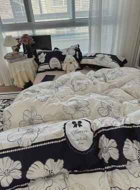 1vpr复古赫本风黑色花边手绘床单水洗棉四件套被套床笠学生小花三