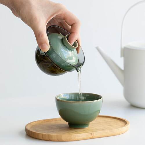 热销越窑青瓷梅子青蜜色一杯玻璃盖碗一壶快客杯旅行茶具亚克力便