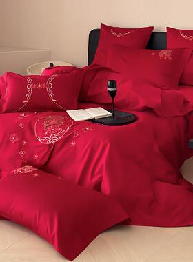 gz6m浪漫婚庆120s长绒棉四件套喜字刺绣床单红色结婚被套床上