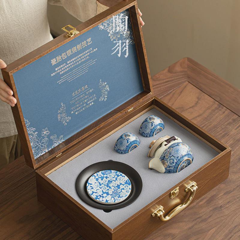 适用繁花汝窑手抓壶茶壶茶具一壶两杯送老师长辈领导茶具礼品中秋