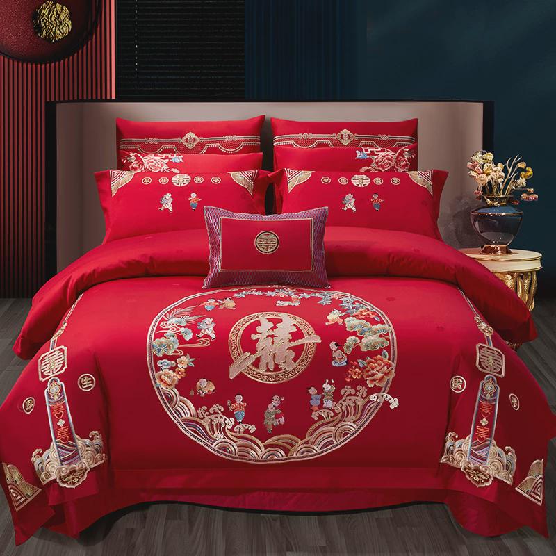 1vpr140支婚庆大红色龙凤刺绣新婚四六十件套结婚嫁床上用品