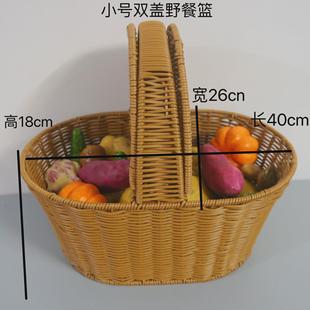 家用手提篮纯手工编织户外野餐篮双带盖水果篮采摘大容量篮礼品蓝