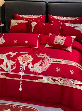 a524结婚四件套婚庆喜婚房红色被床单刺绣被套被单婚礼大红色床上