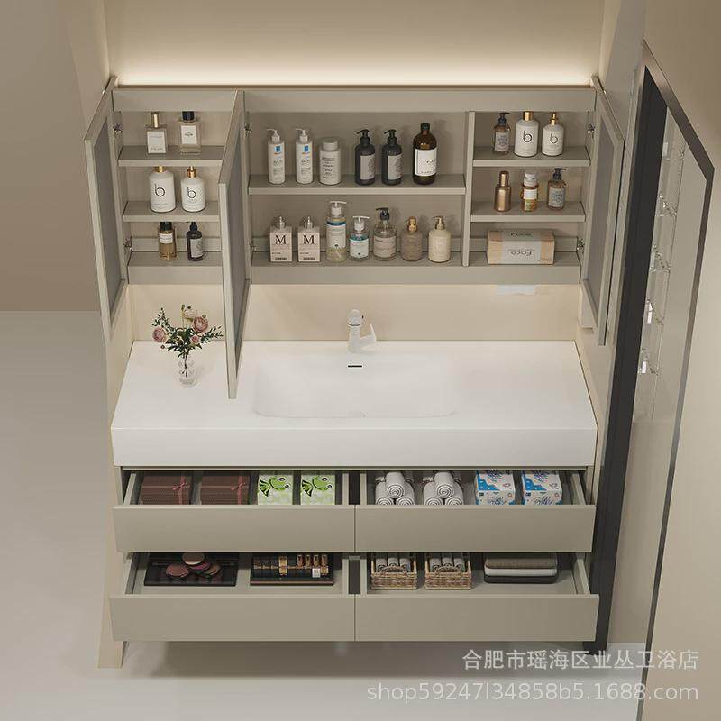 奶油色可丽卫生间一体盆吊柜浴室柜组合现代简约耐洗手洗脸洗漱台