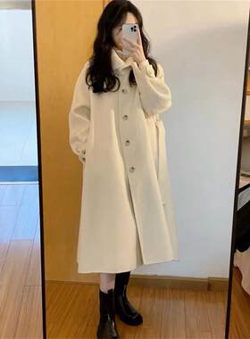 韩系米白色呢子大衣女中长款2023秋冬小个子赫本风高级感毛呢