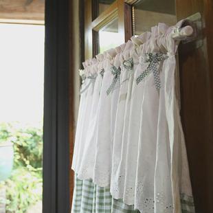 日式 小清新绿格白棉绣花幔棉麻厨房窗帘免打孔遮光门帘小窗幔头