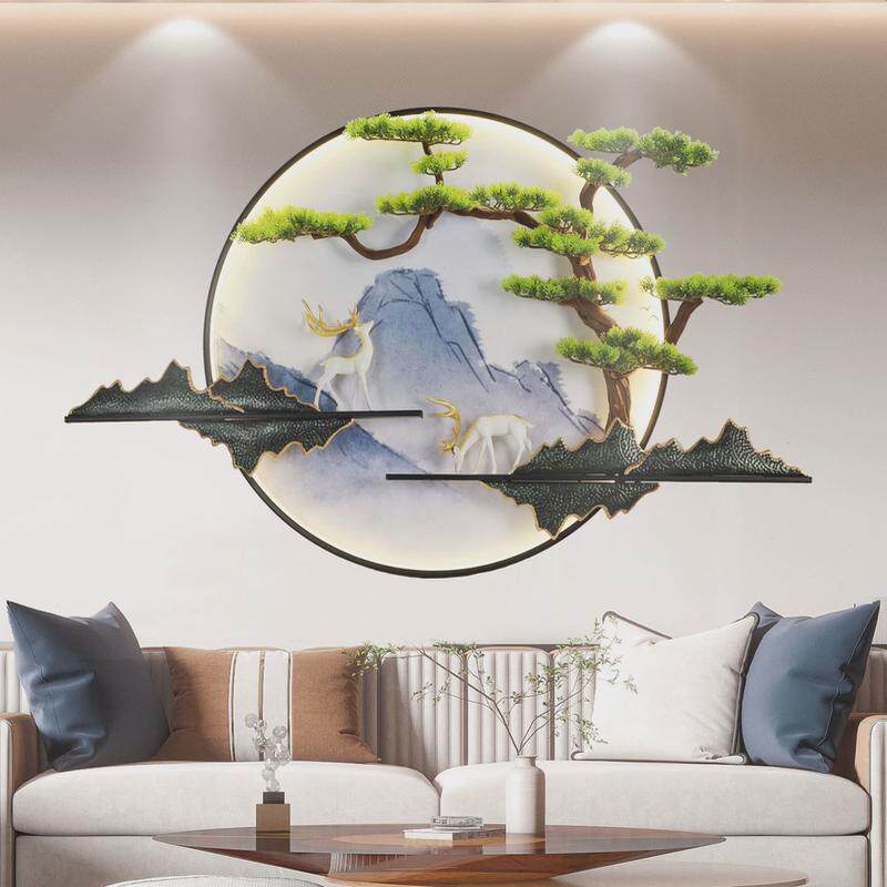 3D客厅沙发室内电视背景墙装饰画茶室圆形铁艺立体挂画风景三联