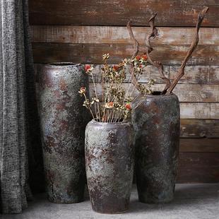 景德镇手工干花粗陶落地花瓶坛子缸花盆插花器干支插复古陶罐摆件