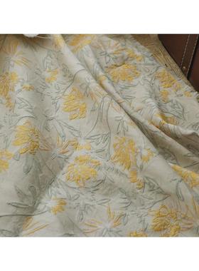 新款复古黄旧风简笔画田园做提花面料色织涤纶梭织箱包服装布料