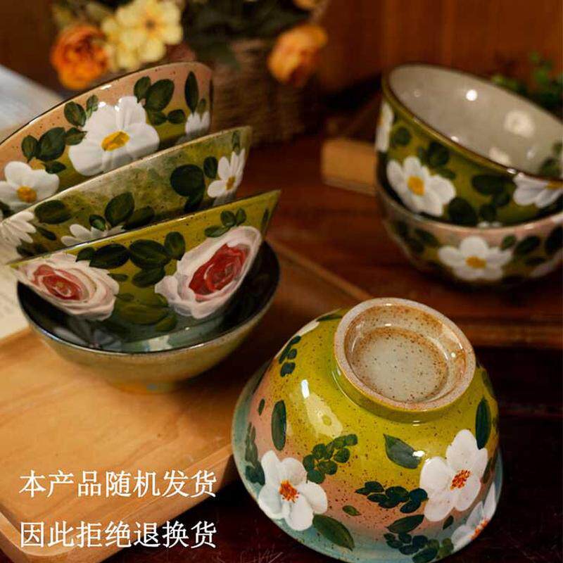 小清晰餐具碗手工手绘高温高颜值精致釉下彩家用墨绿色陶瓷饭碗