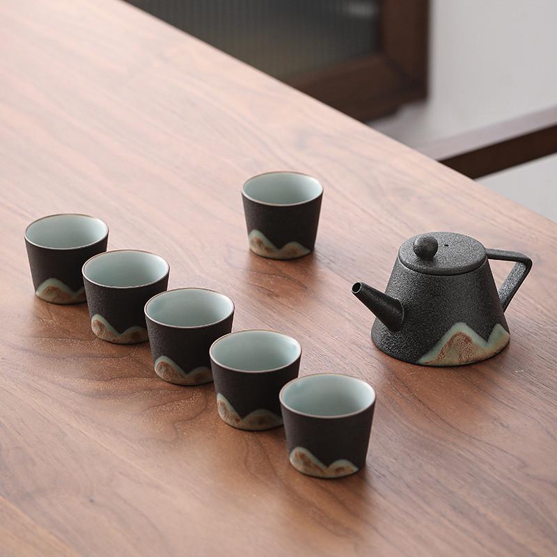 日式手绘远山茶具套装1功夫茶具6茶杯整套简约办公家用陶瓷茶壶