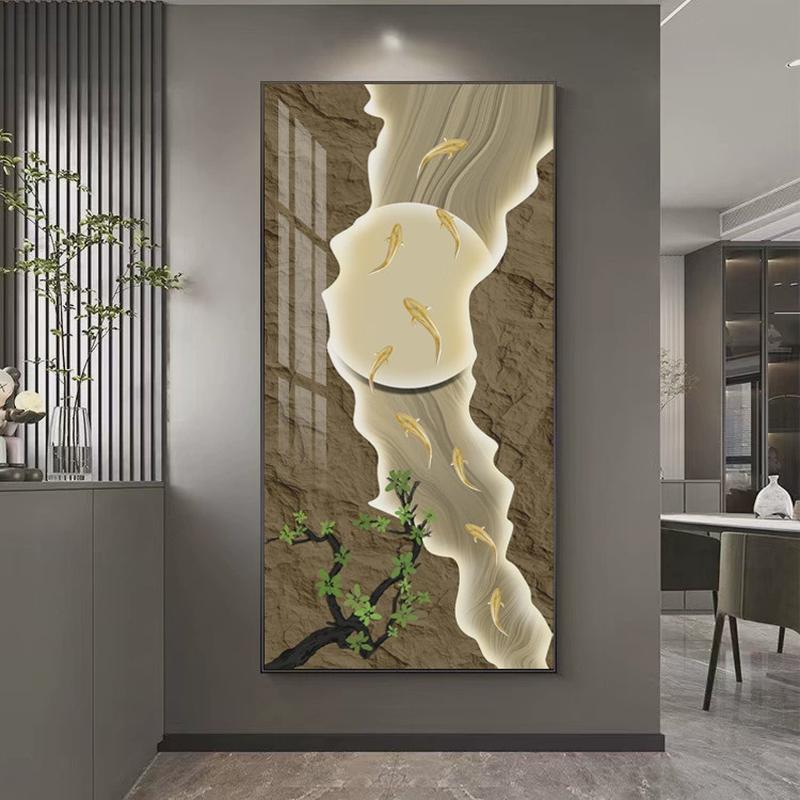 现代轻奢流水生财装饰画入户过道新中式挂画民宿酒店石壁画运转来