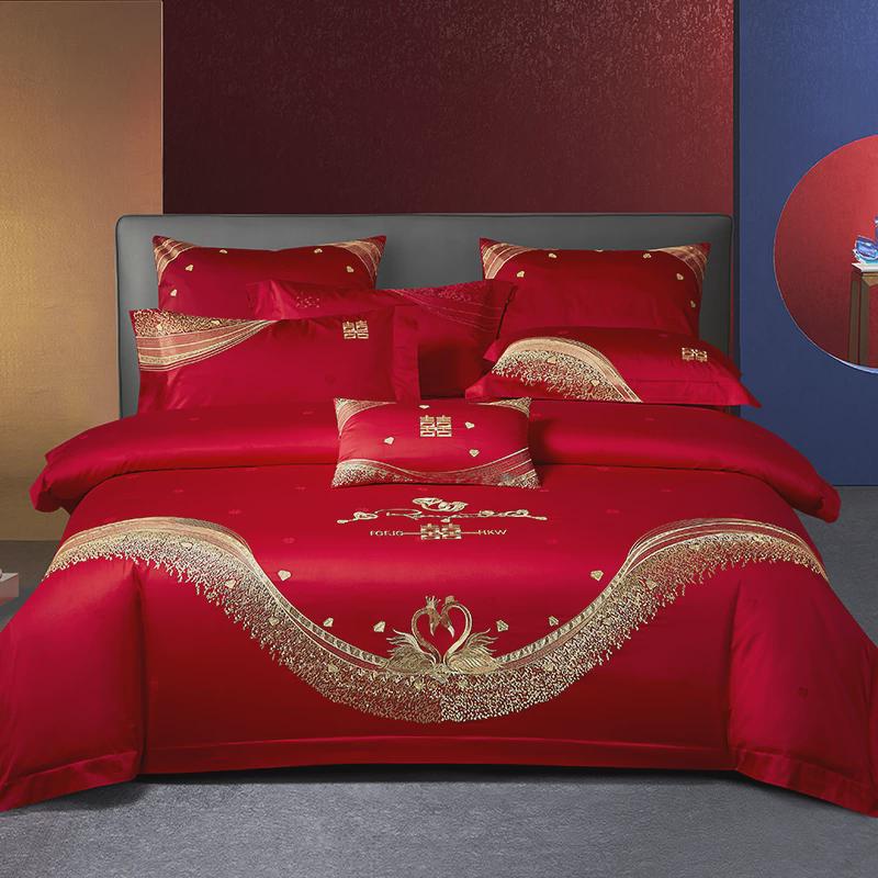 19ek140s支结婚四件套婚庆大红色刺绣床上用品新婚六十件套喜