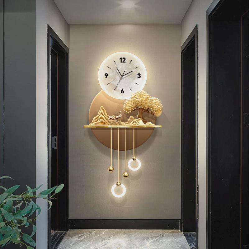 立体轻奢玄关装饰画走廊背景墙发财树led时钟壁灯画客厅装饰钟表图片