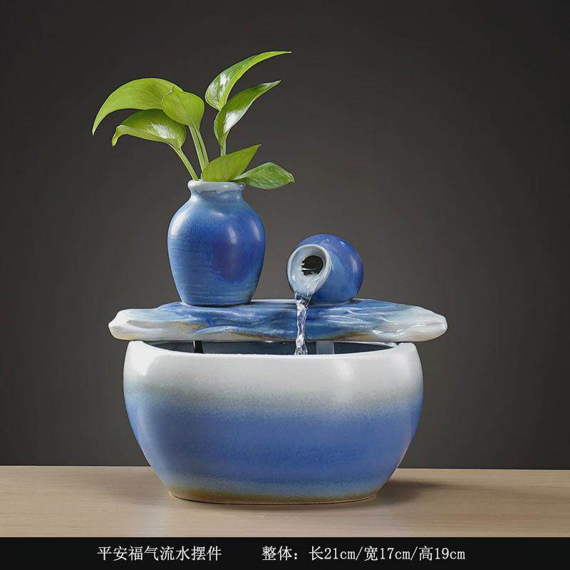 中式禅意假山财源滚滚流水摆件窑变蓝造景装饰循环陶瓷出流水加湿