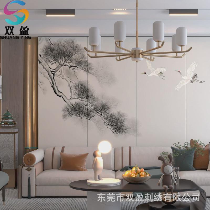 立体精雕绣珠绣皮革刺绣壁画硬包山水国潮绳背景墙集成护墙板