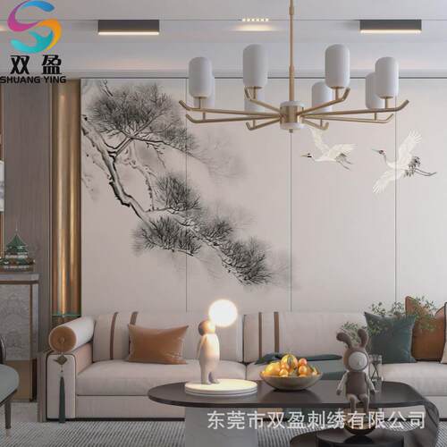 立体精雕绣珠绣皮革刺绣壁画硬包山水国潮绳背景墙集成护墙板