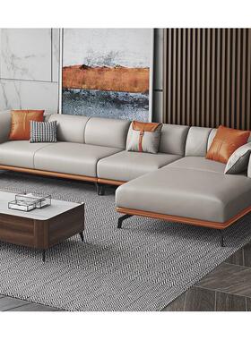 皮艺沙发左右贵妃客厅组合现代轻奢意式简约橙色转角沙发别墅区