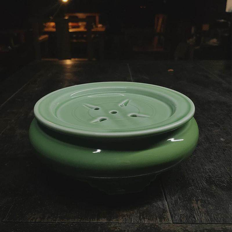 绿釉茶船潮汕陶瓷功夫茶具圆形茶盘储水式空船托盘简约办公家用