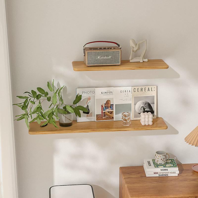 热销全实木发光层板墙上置物架内置灯带墙壁一字搁板书架荣誉墙展