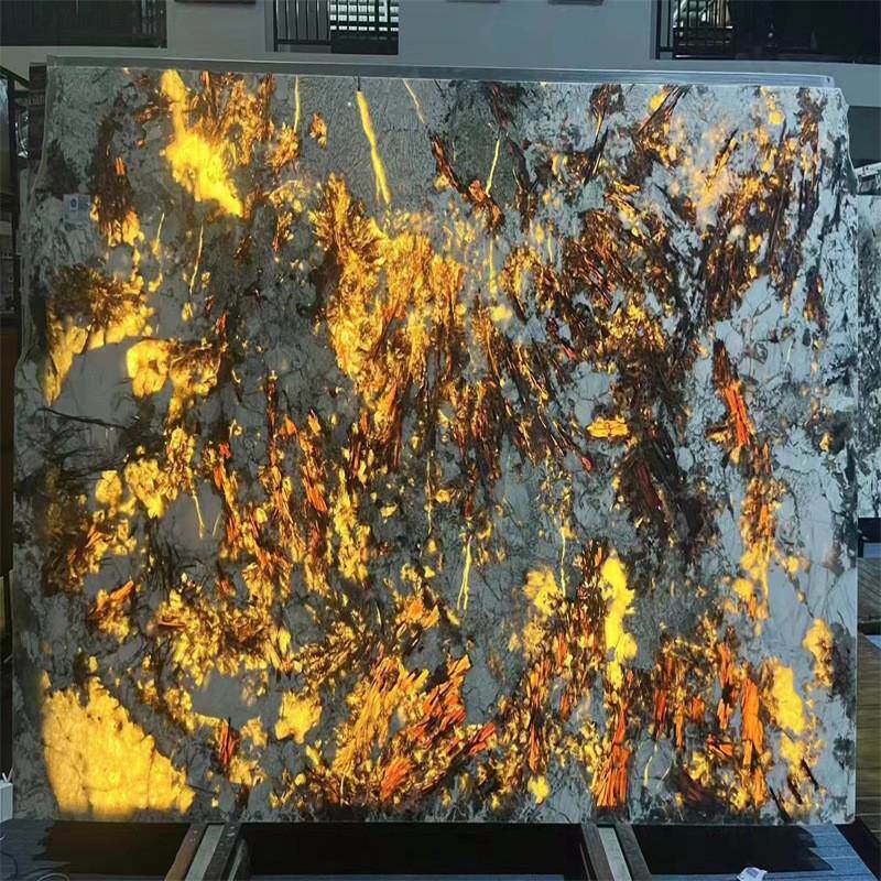 巴西天然奢石金孔雀透光弧形背景墙玄关轻奢透光整体台盆定制