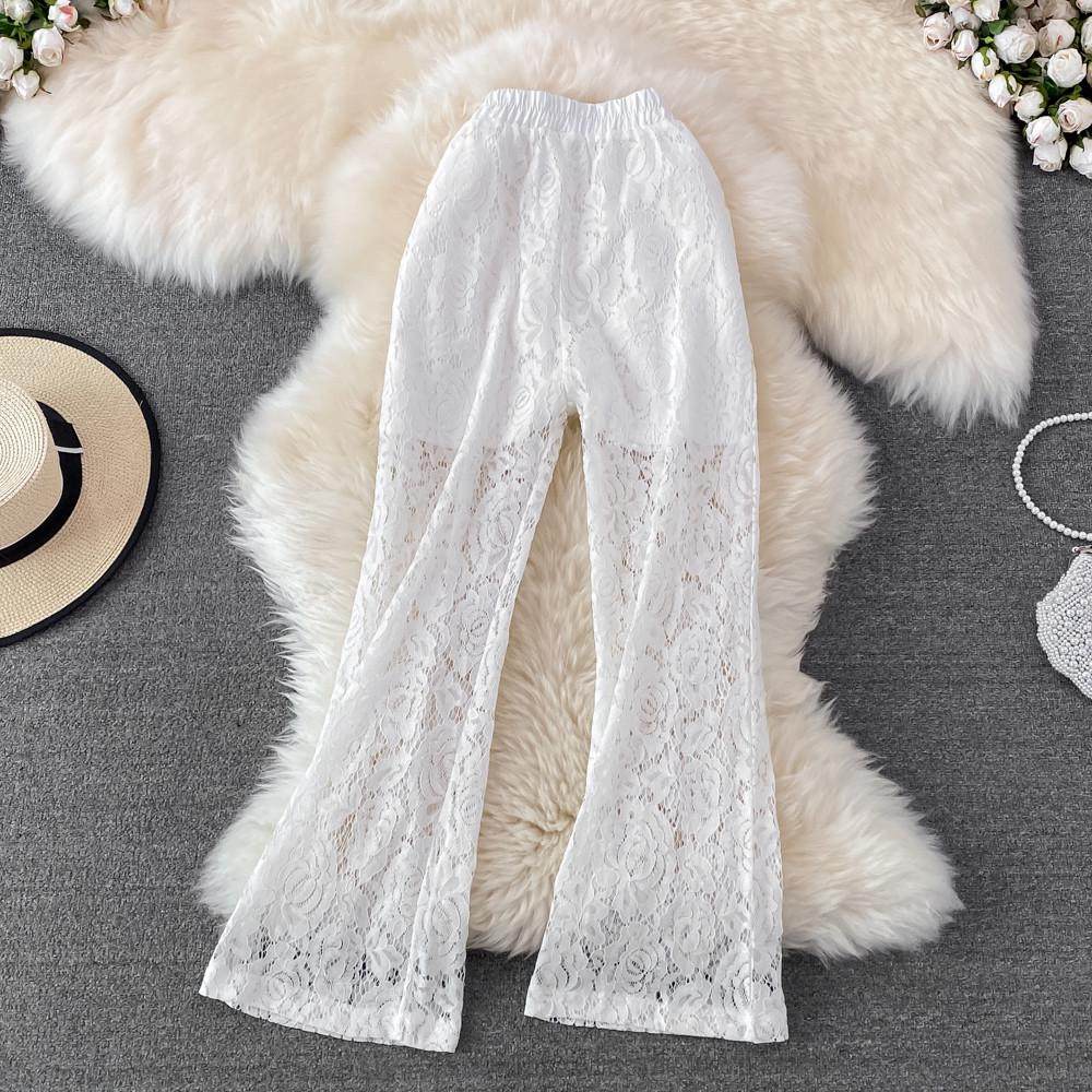 休闲镂空蕾丝子女显瘦垂感直筒白色微喇阔腿长夏装,女装/女士精品,休闲裤,淘宝优惠券,粉丝福利购,淘宝优惠卷