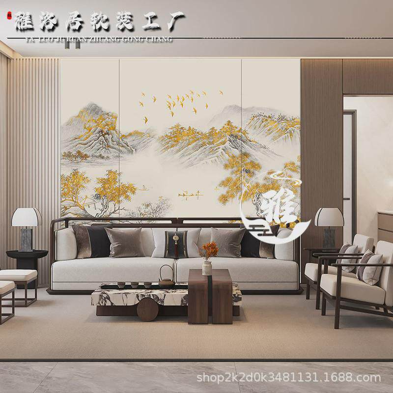 2024新中式客厅圆形床头软包壁画定制茶室山水硬包背景墙卧室刺绣