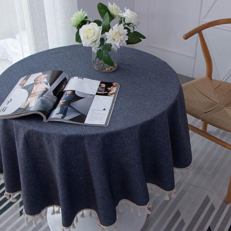 简约圆形棉麻餐桌布色织圆形台布家用定制流苏圆桌盖布批发花边