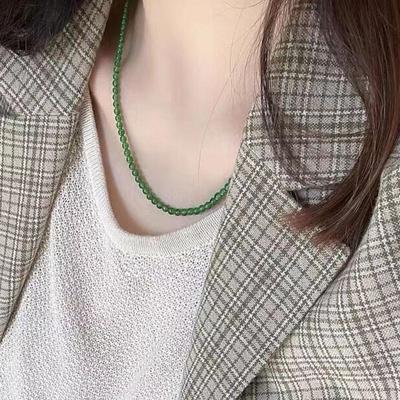 天然俄罗斯碧玉超细小米珠女士项链锁骨链菠菜绿阳绿果绿和田玉款