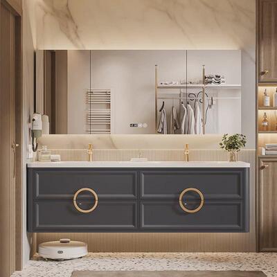 奶油风法式橡木浴室柜岩板无缝陶瓷一体盆组合洗漱台洗手脸盆双盆