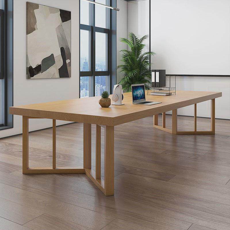 9c简约原木实木办公长桌长方形工作台电脑桌现代洽谈桌会议桌椅组