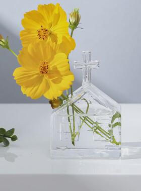 北欧风格房子玻璃花瓶透明玻璃花瓶创意简约十字架插花装饰品