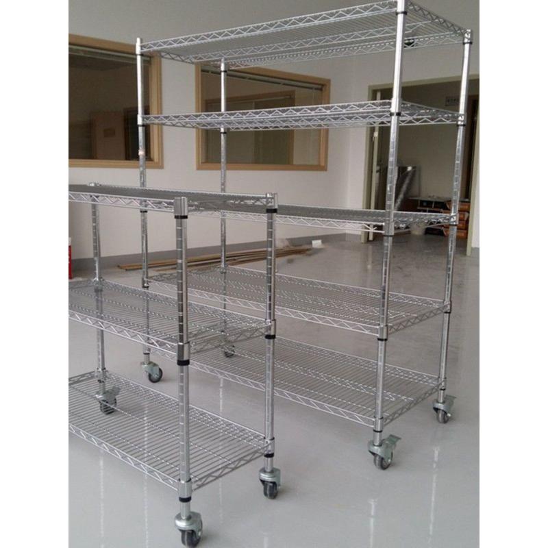 6E3X仓库镀铬不锈钢货架移动置物架带轮线网家用展示架子防静电物