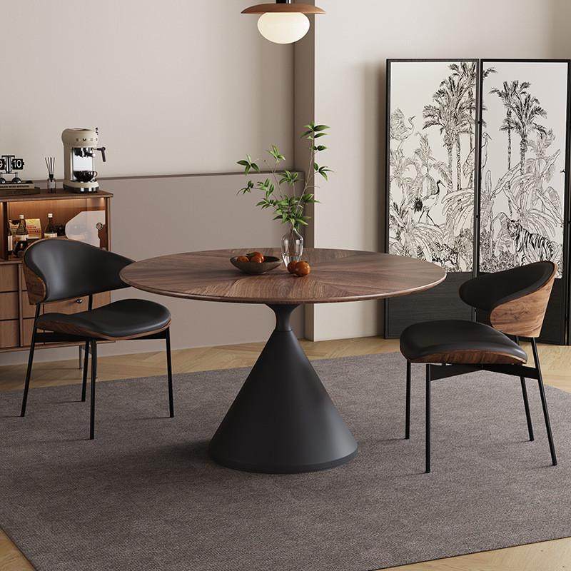 小户型古风实木圆形餐桌家用复古北欧胡桃木色拼花圆桌现代简约中