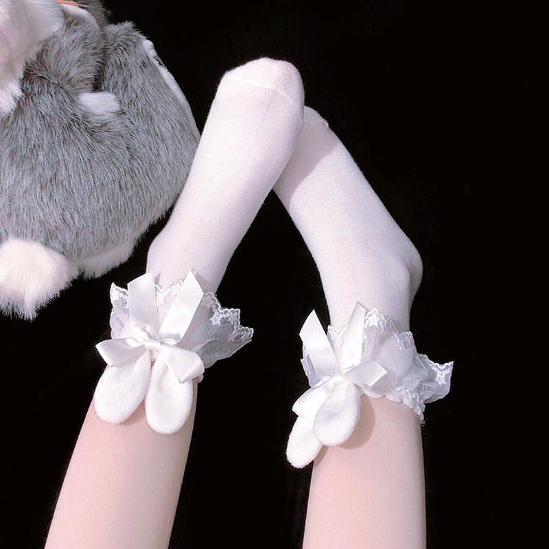 日系lolita少女立体兔耳朵袜子女洛丽塔蝴蝶棉堆堆中筒花边女棉