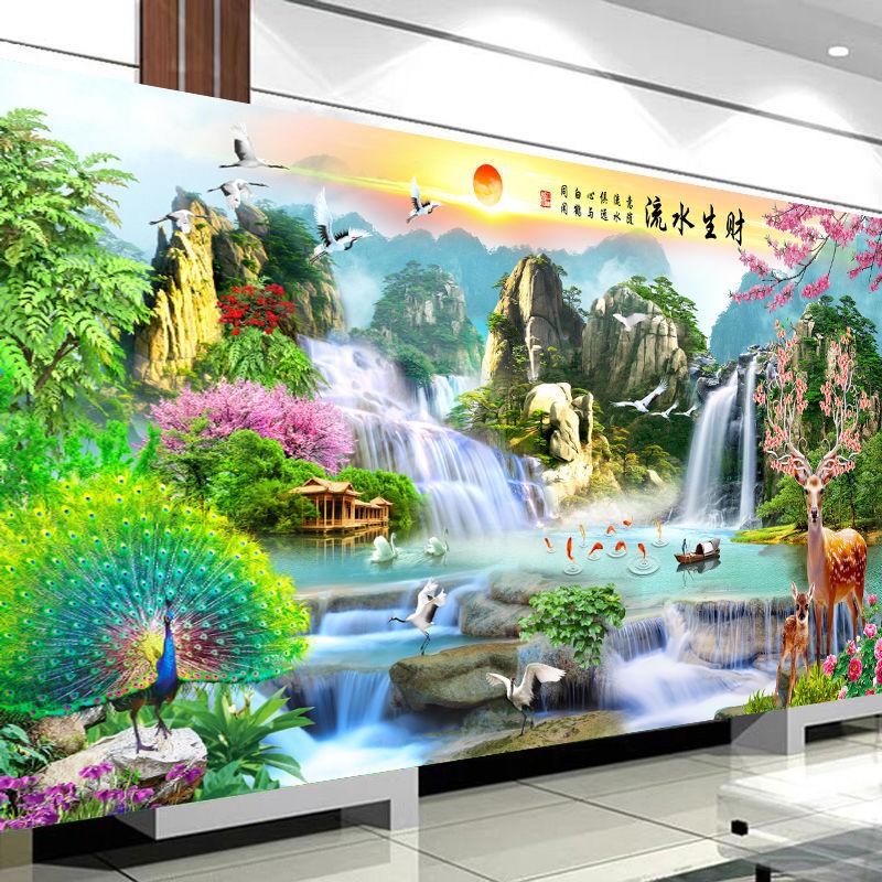 新款钻石画满钻贴钻十字绣生财风景山水画迎客松点流水钻石绣客厅