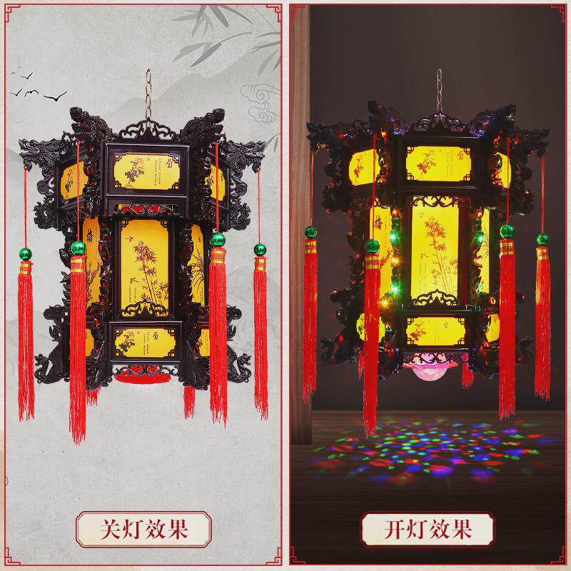 灯笼新款仿古六角龙灯中式led旋转阳台大门吊灯宫灯走马灯七彩