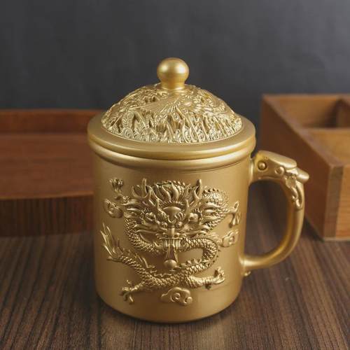 唐腾铜艺龙凤茶杯办公室家居喝茶喝水带盖黄铜摆件纯铜金属制品