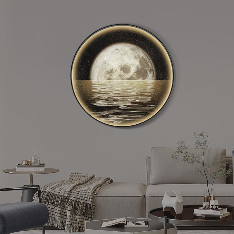 星辰大海圆形玄关装饰画led发光灯画轻奢风床头挂画走廊背景壁画图片