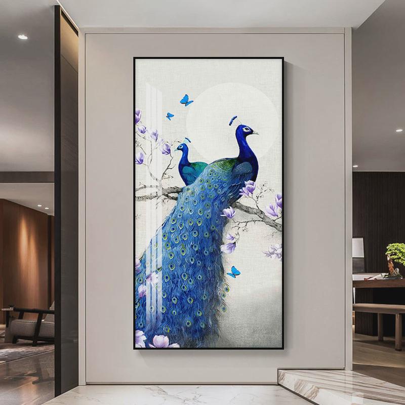 入户客厅玄关装饰画现代简约竖版背景墙壁画走廊过道挂画孔雀镶钻
