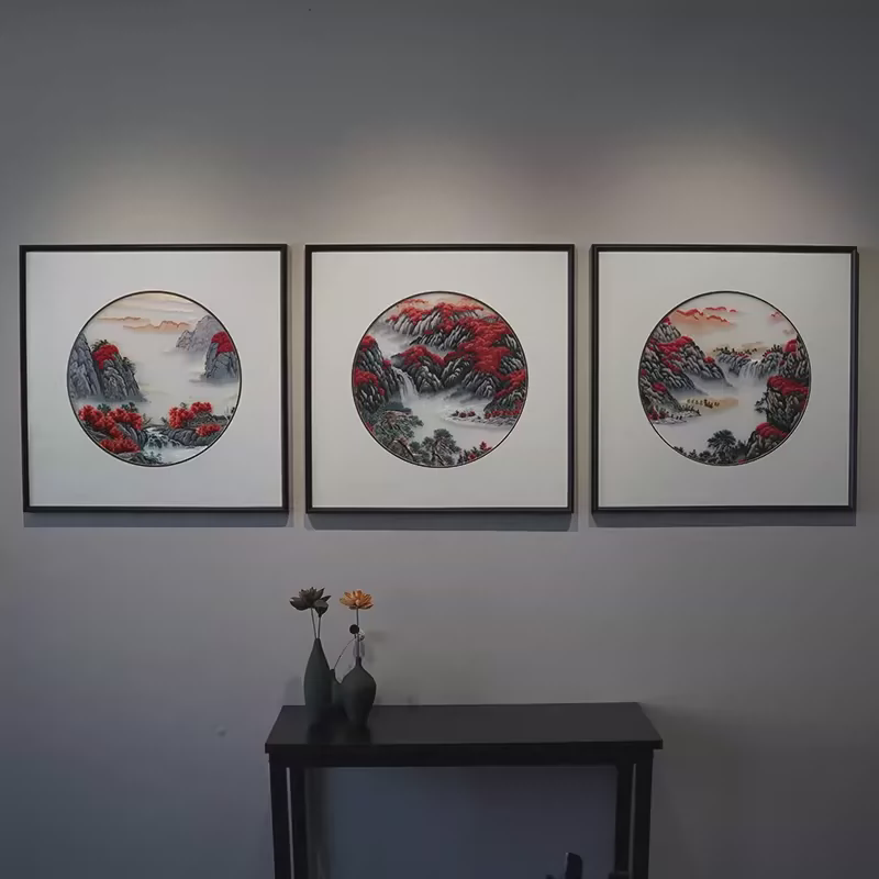 苏绣现代新中式客厅三联刺绣装饰画别墅沙发背景卧室走廊过道挂画图片