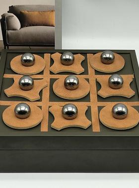 北欧轻奢金属盒子样板间皮革创意棋盘售楼处装饰盒软装工艺品摆件