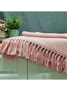 RI0T孔雀蓝色民宿床尾巾软装床搭毯床尾毯美式针织毯流苏毯沙发搭