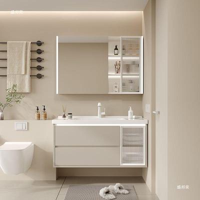 陶瓷浴室柜奶油镜子挂墙落地式洗手池卫生间洗漱台智能台盆风一体