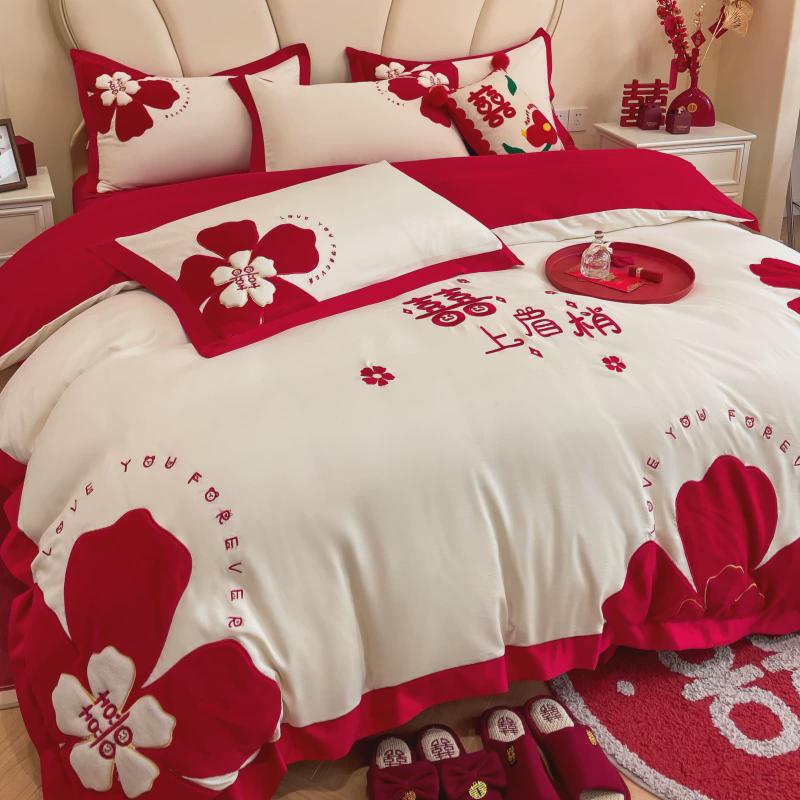 9wor纯棉婚庆四件套大红色床单被套中式结婚床上用品婚房陪嫁