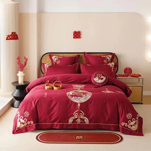 婚庆床单四件套全棉100床上用品双股澳棉结婚刺绣被套支喜庆陪嫁4