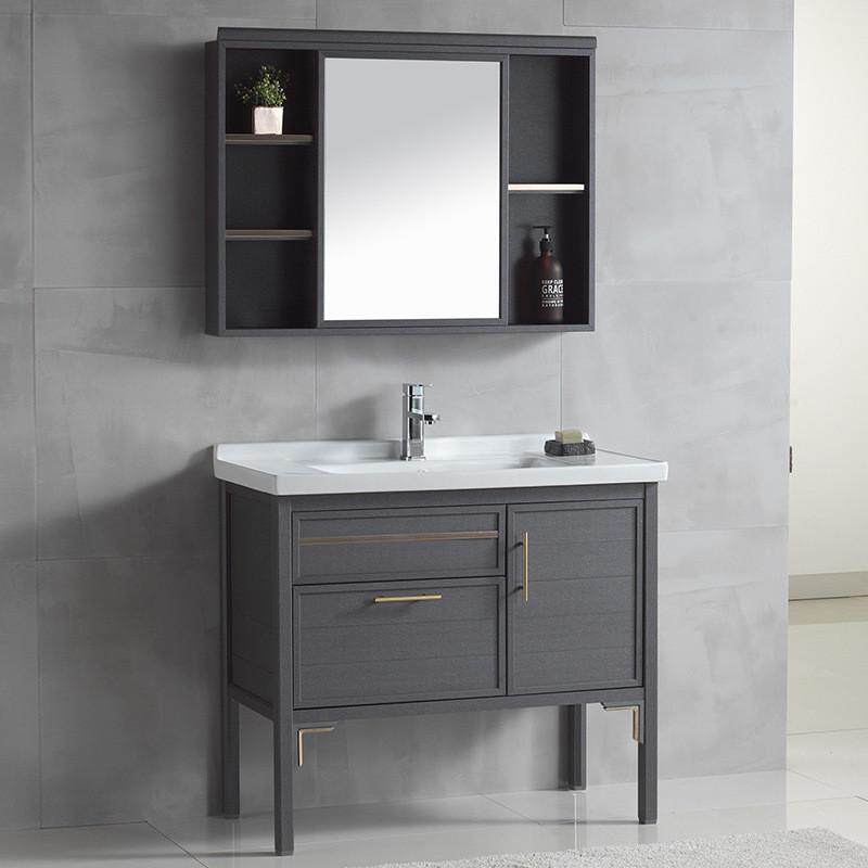 落地浴室柜组合中式加厚太空铝新款套装开合式柜镜一体陶瓷盆