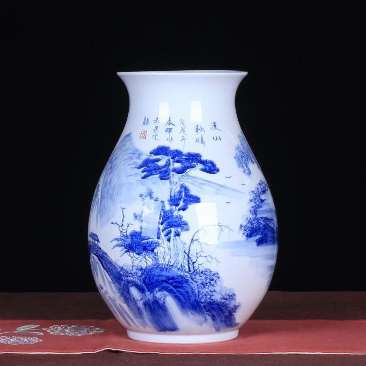 景德镇陶瓷花瓶名家手绘青花瓷釉下彩青花山水福筒花瓶客厅摆件