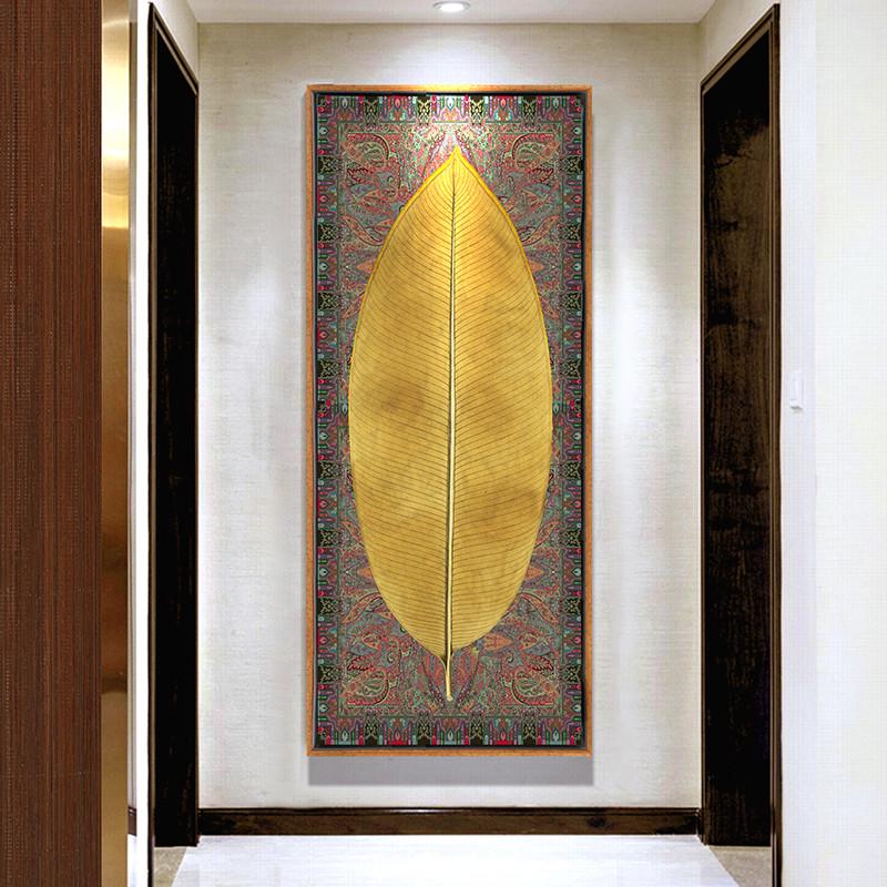 东南亚泰式风格大叶有成玄关装饰画金色树叶酒店挂画会所禅意壁画图片