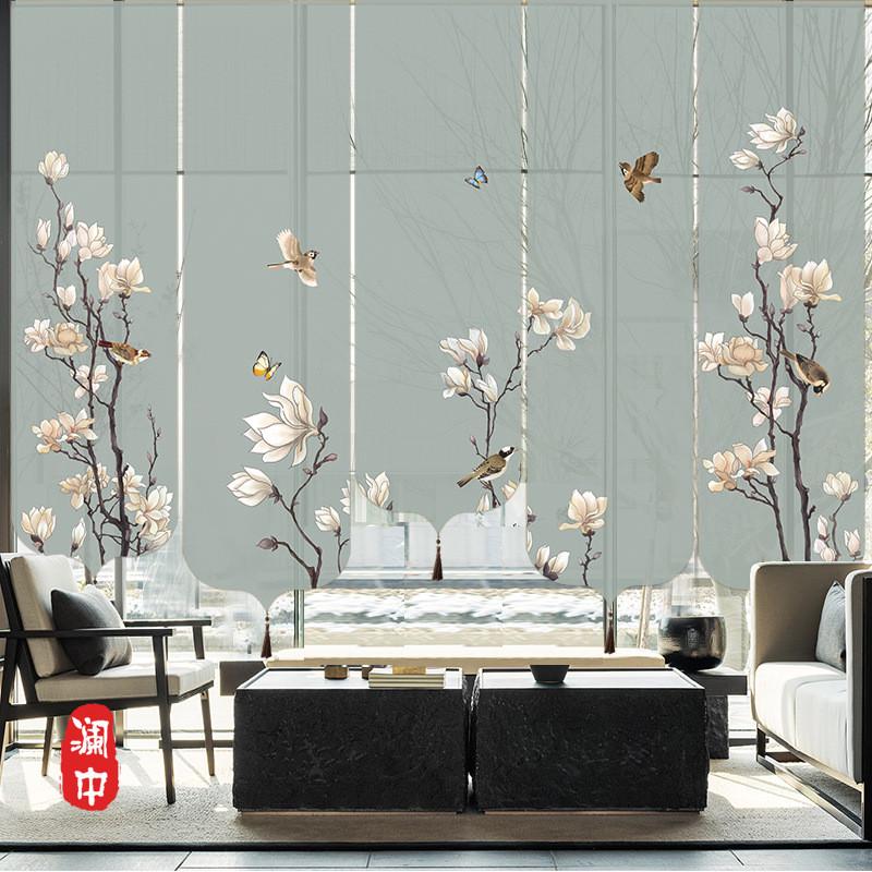 新中式透明卷帘窗帘屏风帘隔断帘挂式升降隔断帘子软遮光玄关花鸟